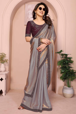 Grey Fancy Satin Saree Featuring a Solid Body and Sparkling Jarkan Work on the Edges