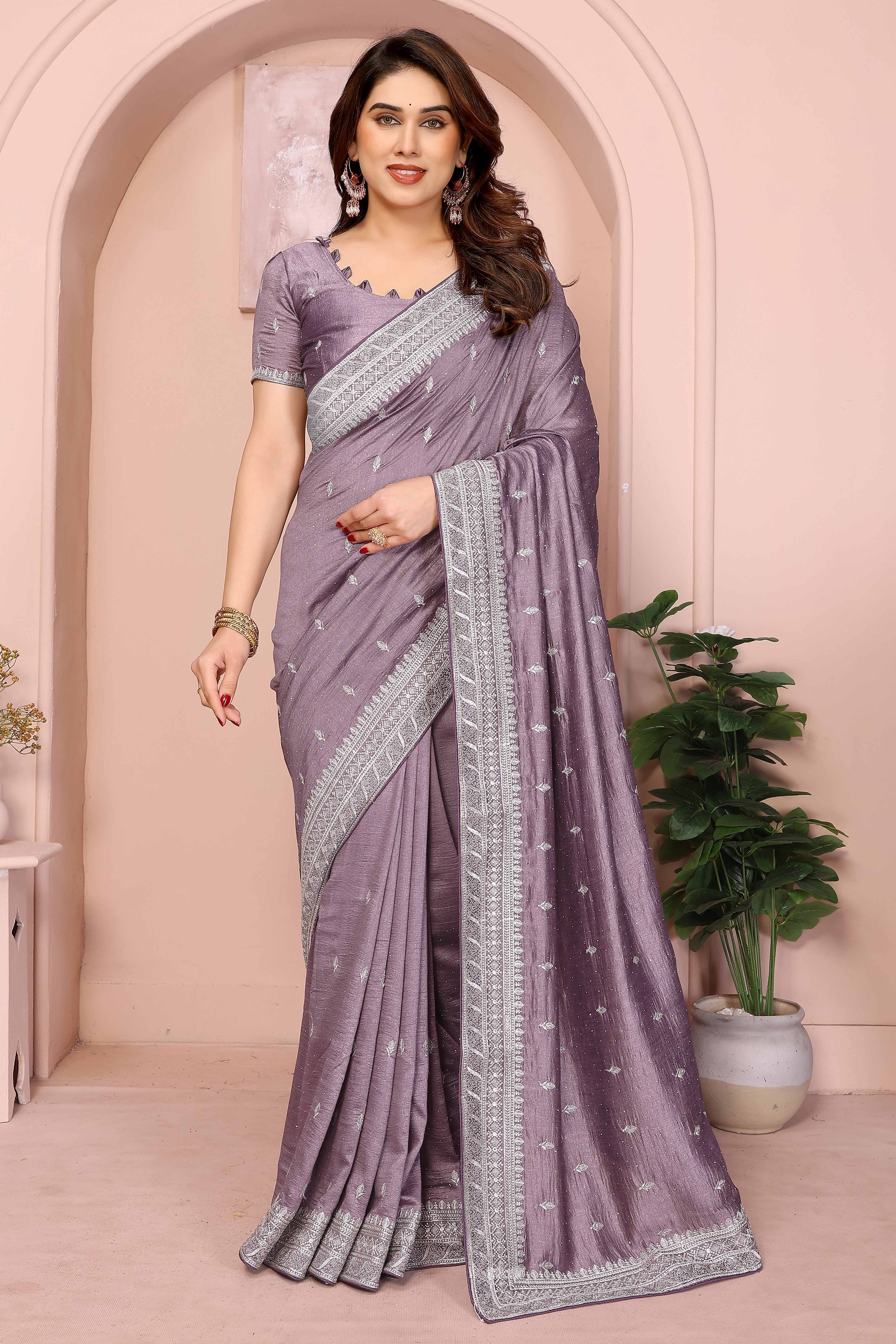 Lavender Vichitra Silk Saree with Traditional Zari Embroidery and Elegant Stone Work