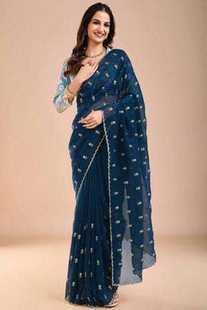 Blue Crunchy Saree Adorned With Floral Sequins Embroidery & Graceful Border Finish