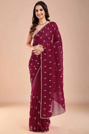 Rani Pink Crunchy Saree Adorned With Floral Sequins Embroidery & Graceful Border Finish