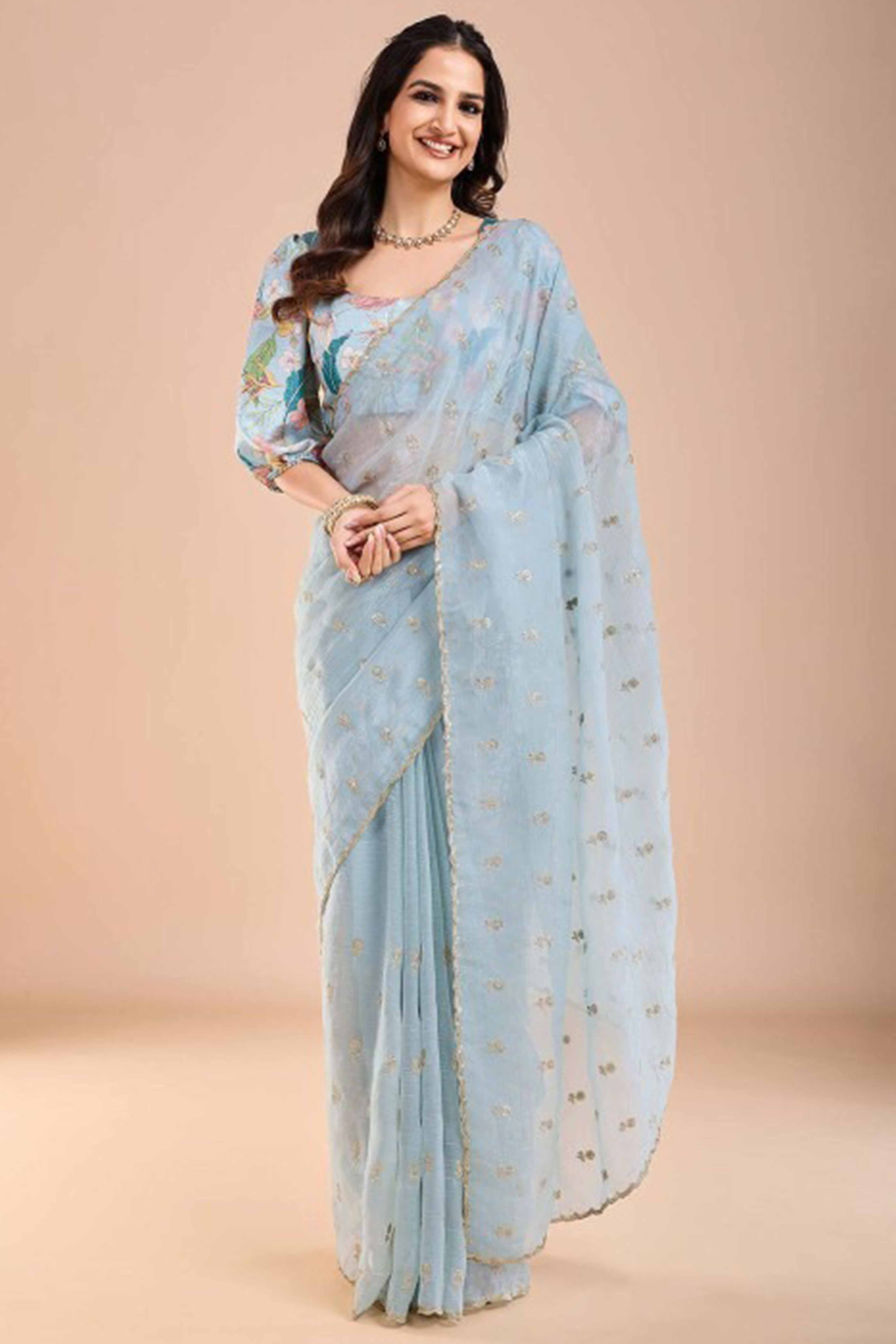 Light Blue Crunchy Saree Adorned With Floral Sequins Embroidery & Graceful Border Finish