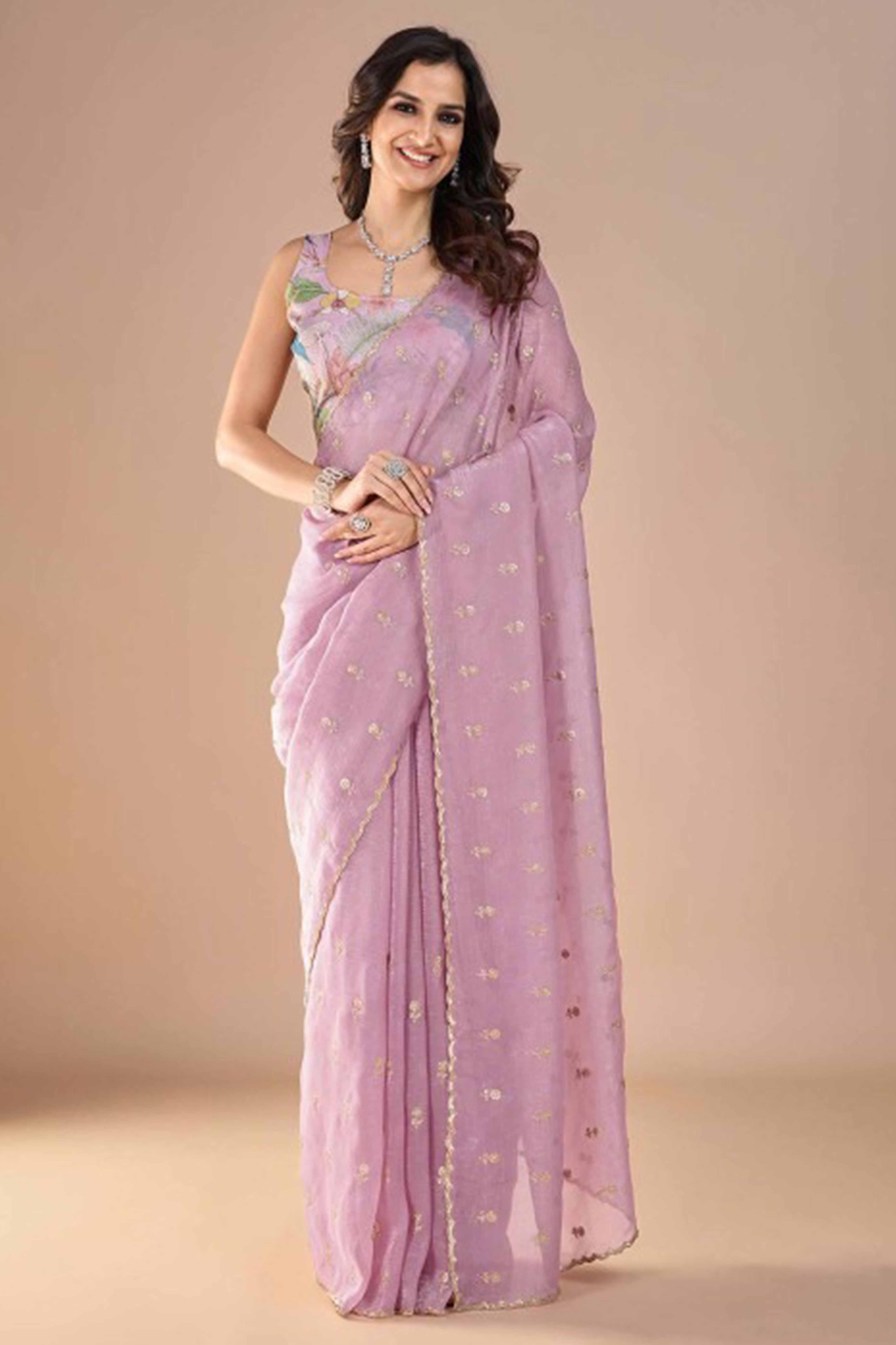 Pink Crunchy Saree Adorned With Floral Sequins Embroidery & Graceful Border Finish
