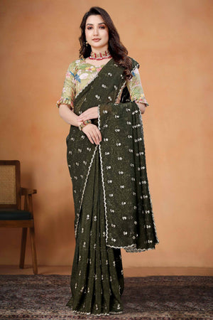 Mehendi Green Crunchy Saree Adorned With Floral Sequins Embroidery & Graceful Border Finish