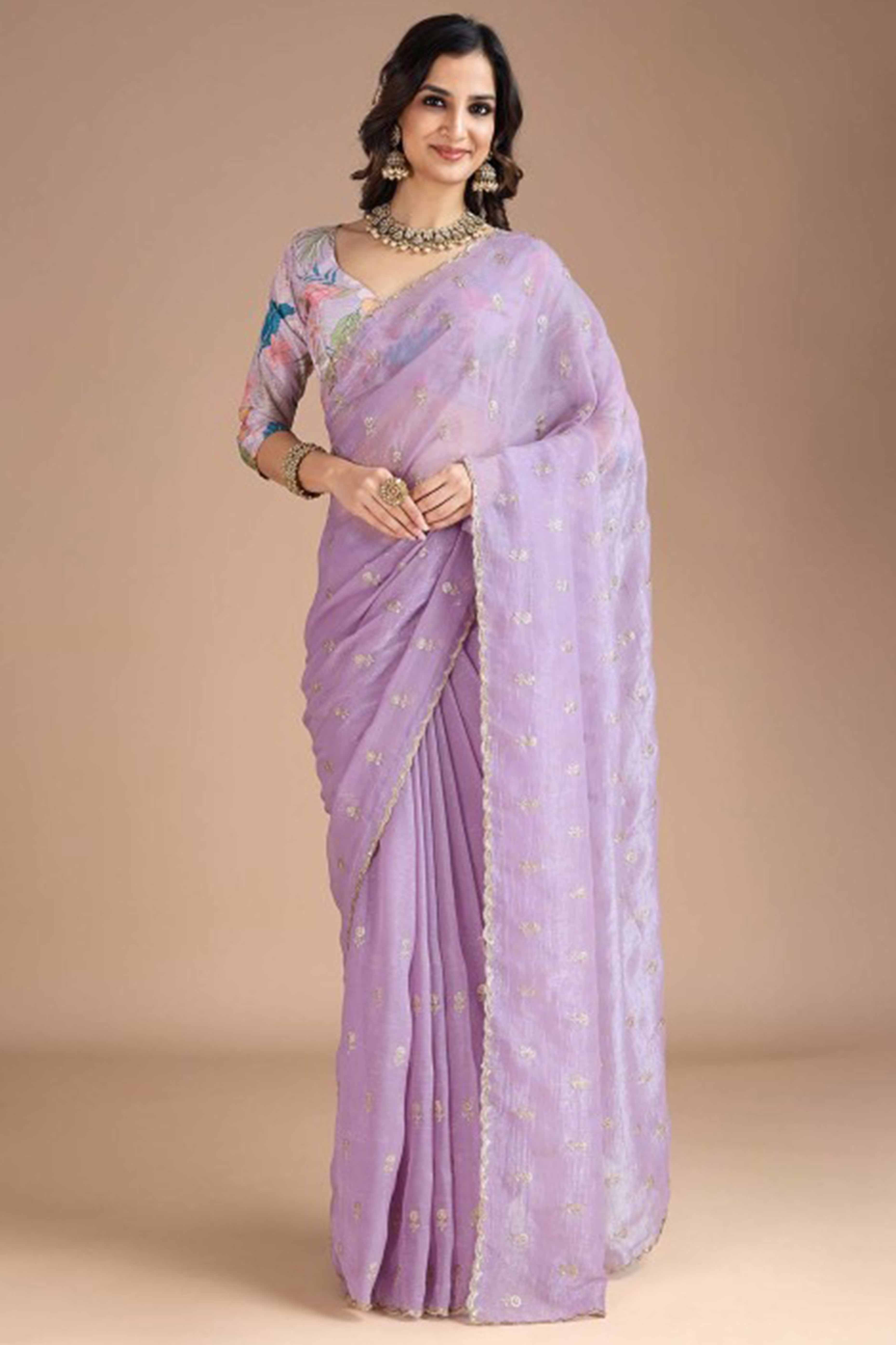 Lavender Crunchy Saree Adorned With Floral Sequins Embroidery & Graceful Border Finish