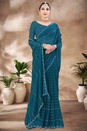 Teal Chiffon Party Saree Featuring Delicate Stone Embellishments