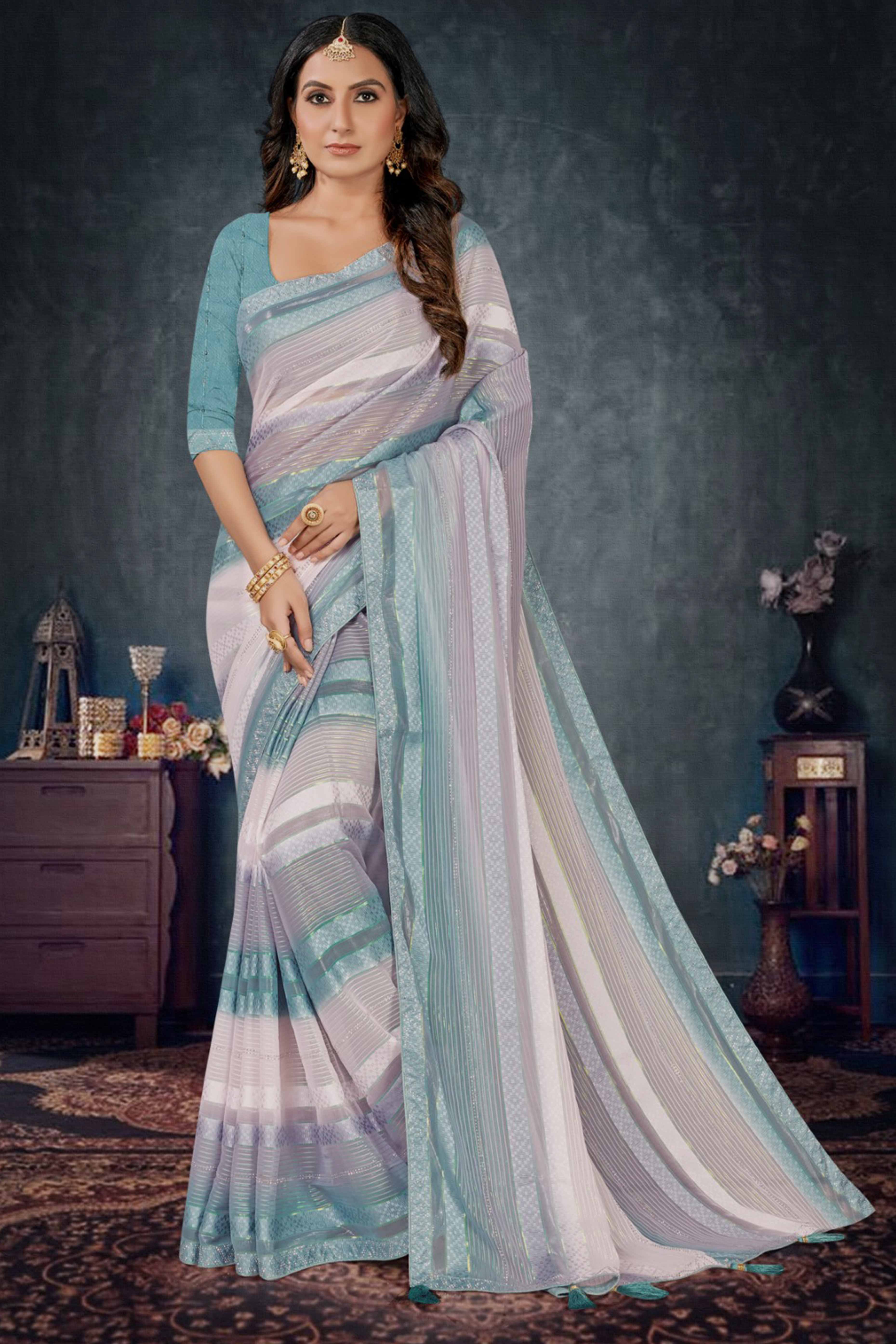 Mint Green Woven Design Saree Crafted in Sheer and Elegant Poly Georgette
