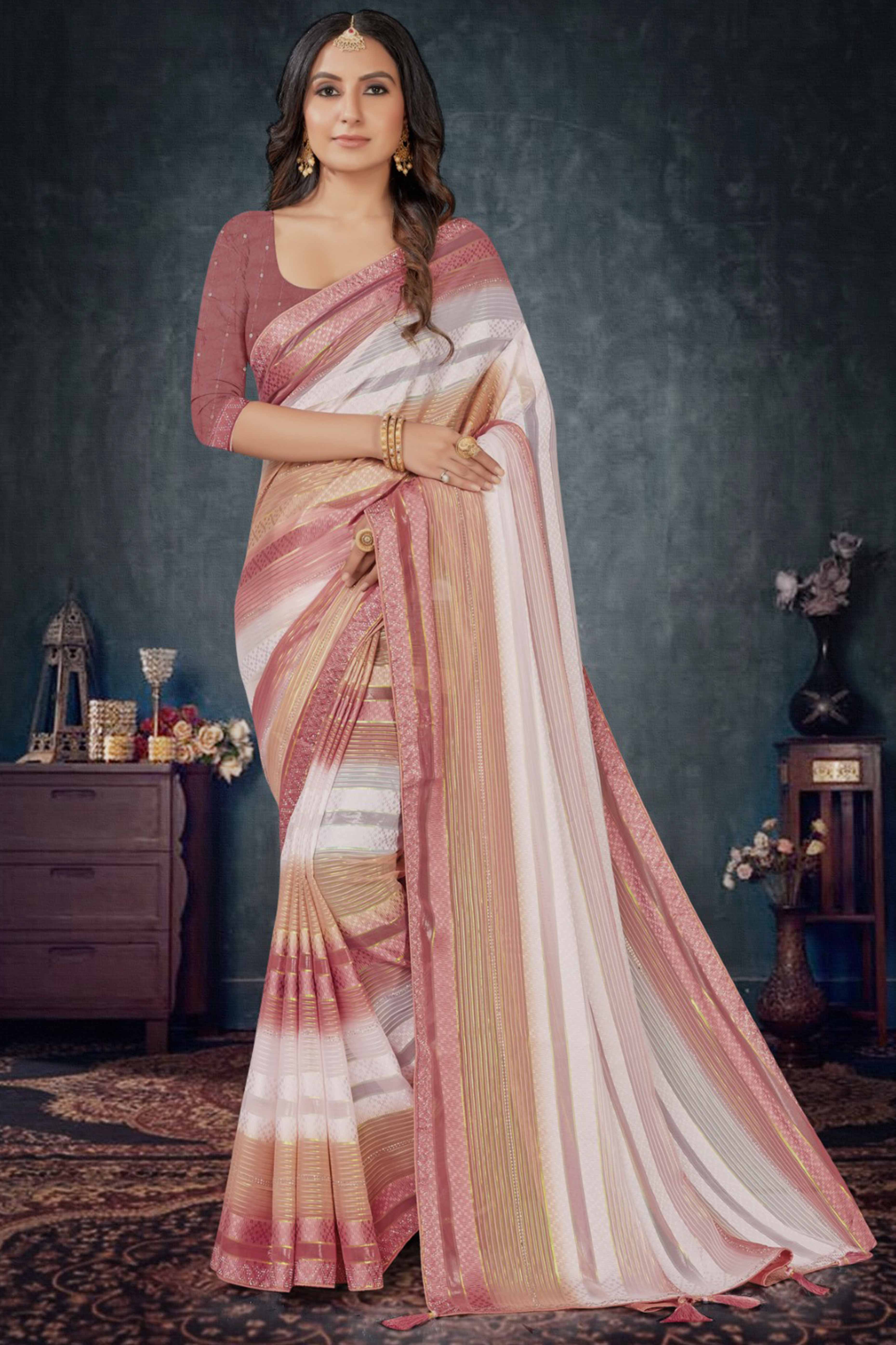 Rose Pink Woven Design Saree Crafted in Sheer and Elegant Poly Georgette