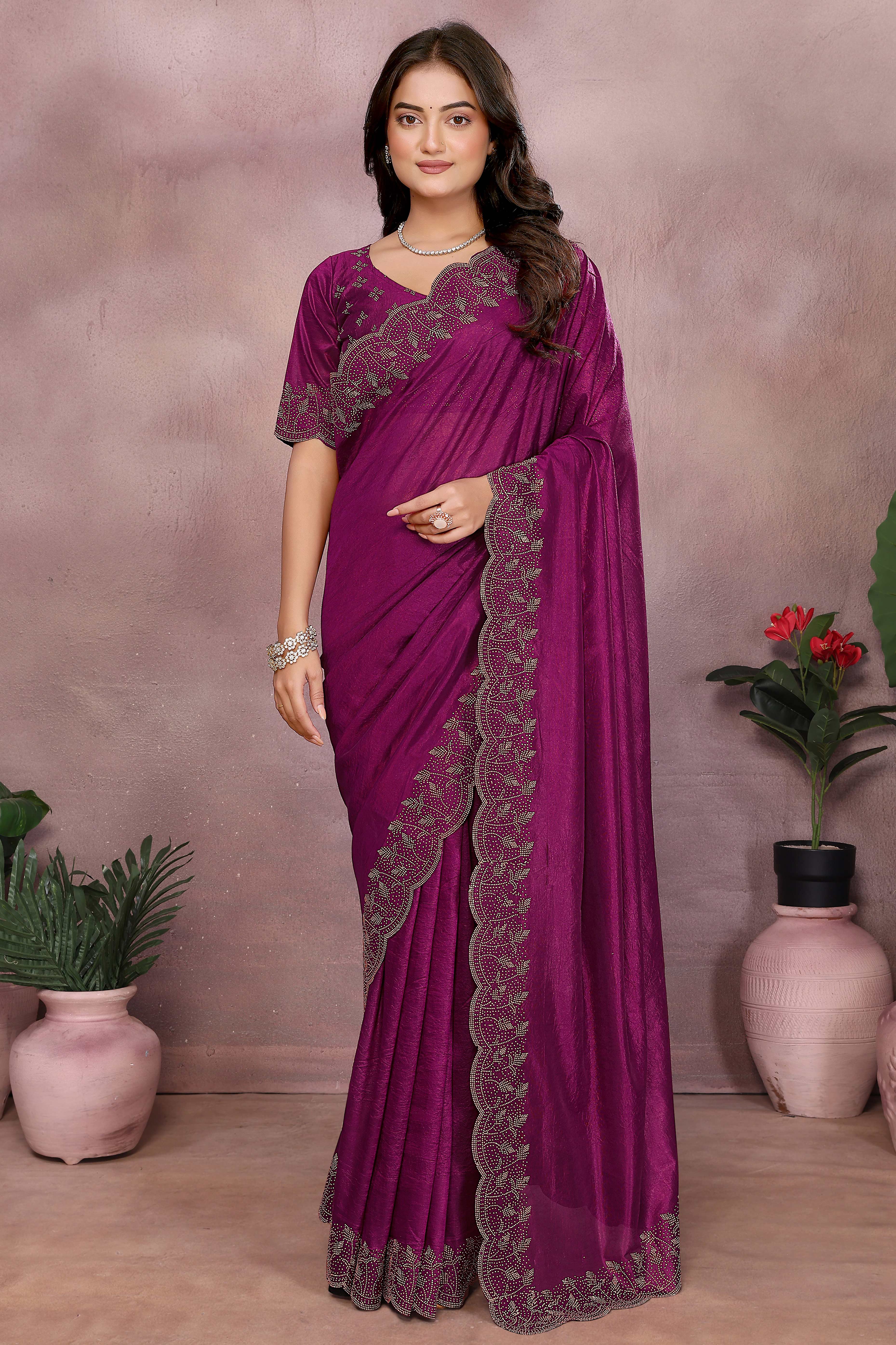Party Ready Magenta Imported Lycra Saree with Glittering Stone Embroidery