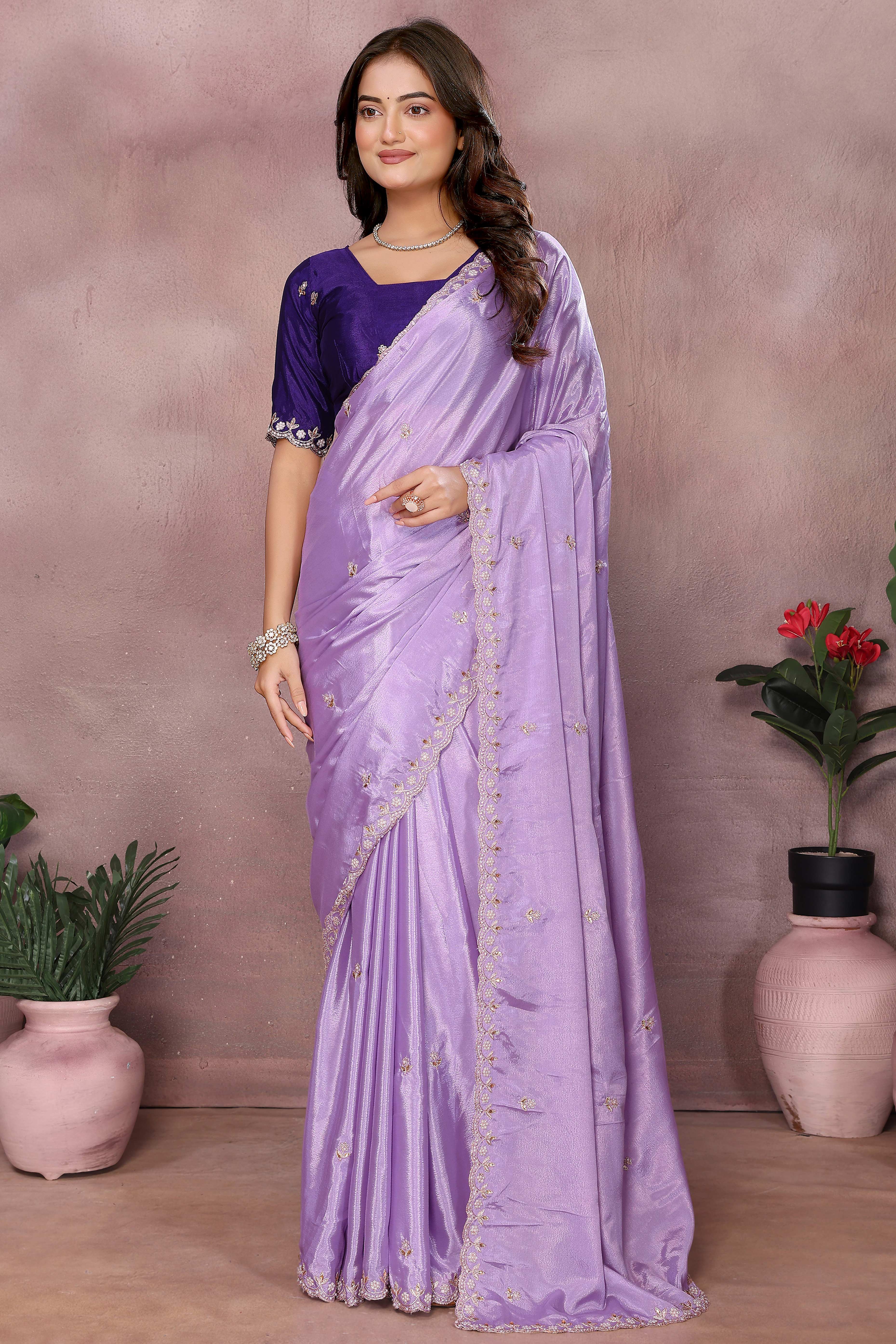 Lavender Embroidered Vichitra Silk Saree with Exquisite Beads Detailing