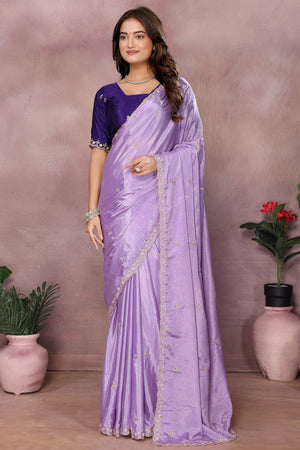 Lavender Embroidered Vichitra Silk Saree with Exquisite Beads Detailing