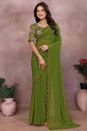 Sophisticated Green Party Wear Saree in Flowing Georgette Fabric With Embellished Blouse