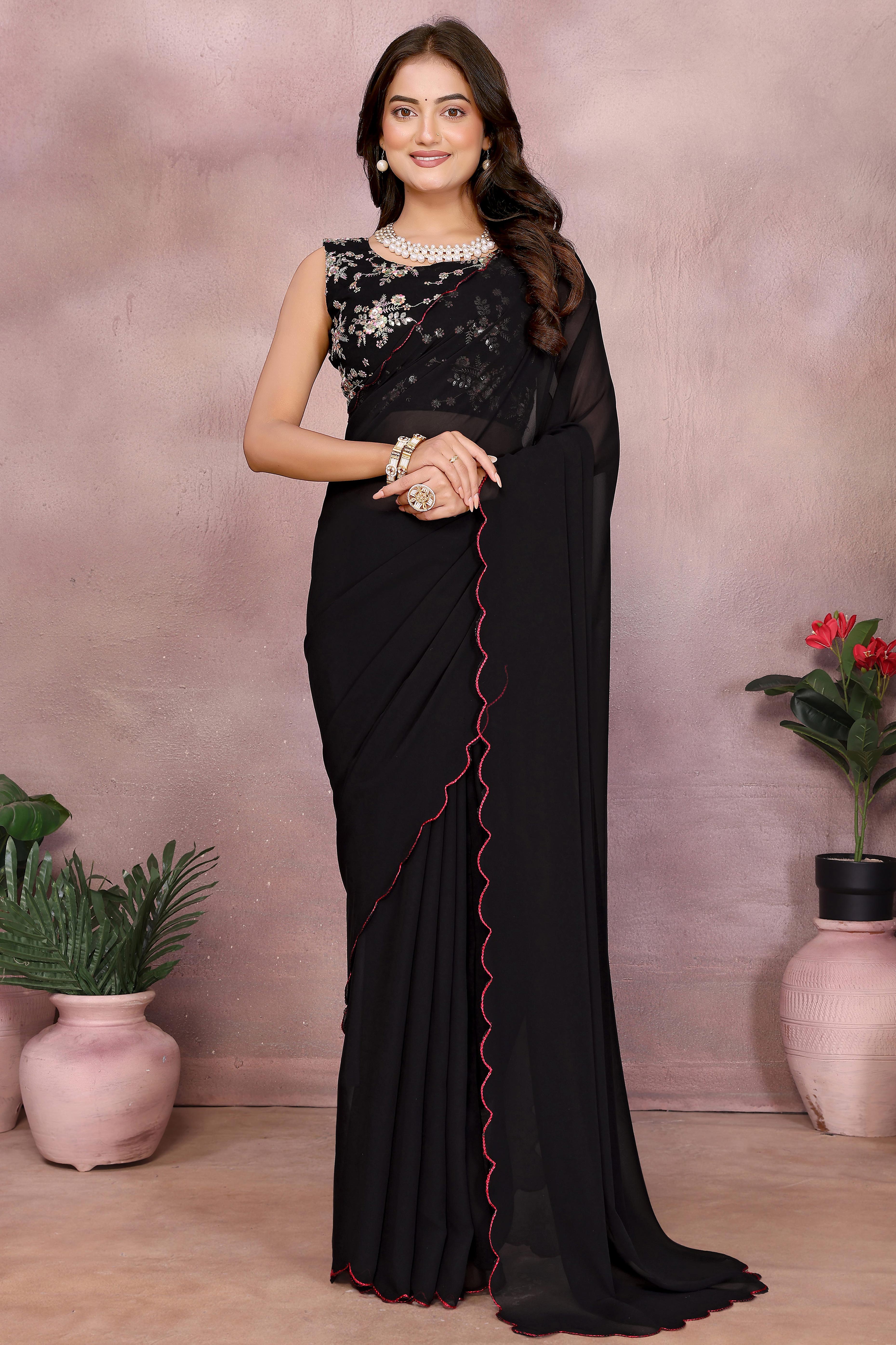 Sophisticated Black Party Wear Saree in Georgette Fabric With Embellished Blouse