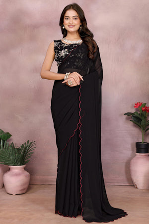 Sophisticated Black Party Wear Saree in Georgette Fabric With Embellished Blouse