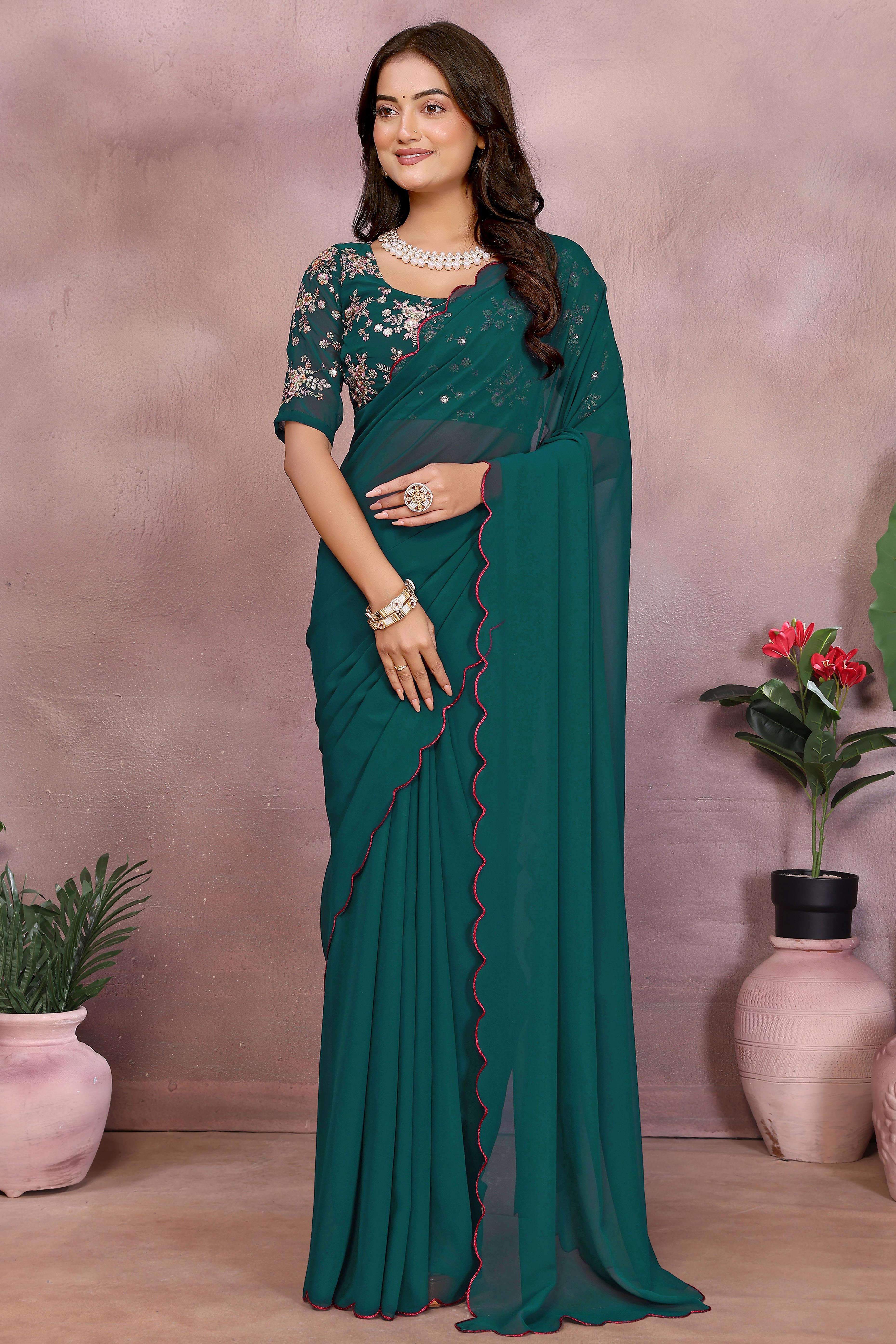 Sophisticated Morpich Green Party Wear Saree in Flowing Georgette Fabric With Embellished Blouse