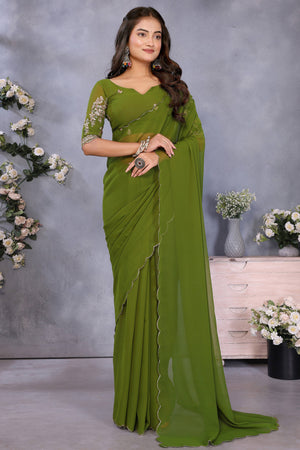 Sophisticated Green Party Wear Saree in Flowing Georgette Fabric With Embellished Blouse