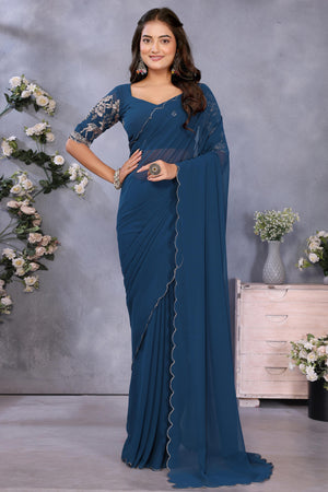 Sophisticated Teal Party Wear Saree in Flowing Georgette Fabric With Embellished Blouse