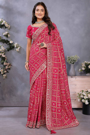 Pink Vichitra Silk Saree Highlighted with Bandhani Print and Sequins Embroidered Border