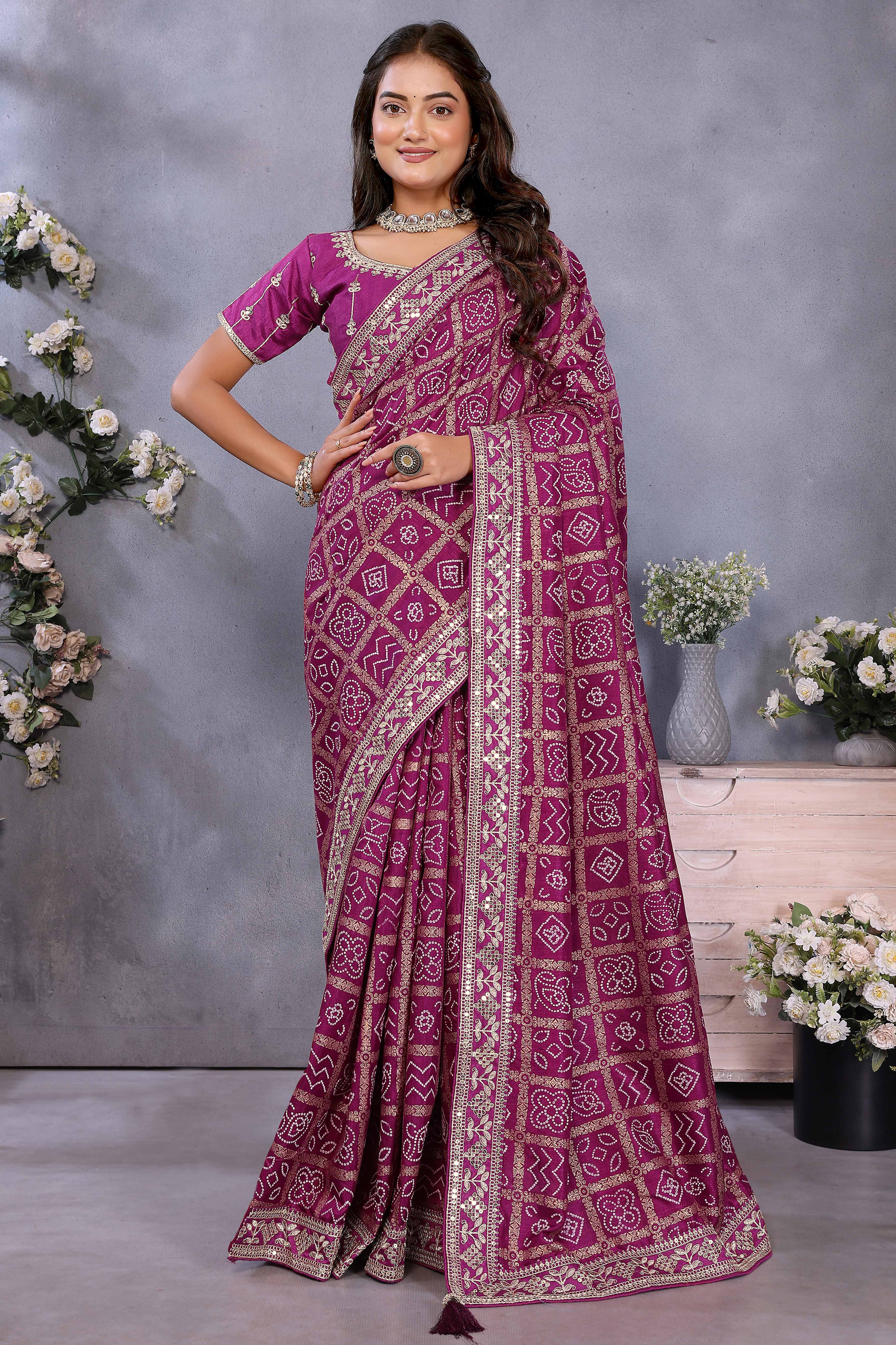 Purple Vichitra Silk Saree Highlighted with Bandhani Print and Sequins Embroidered Border