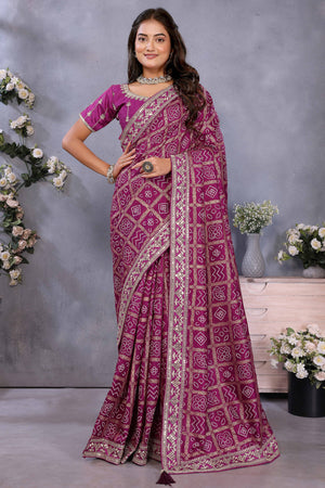 Purple Vichitra Silk Saree Highlighted with Bandhani Print and Sequins Embroidered Border