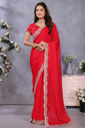 Red Chiffon Saree with Delicate Embroidered Motifs for Special Occasions