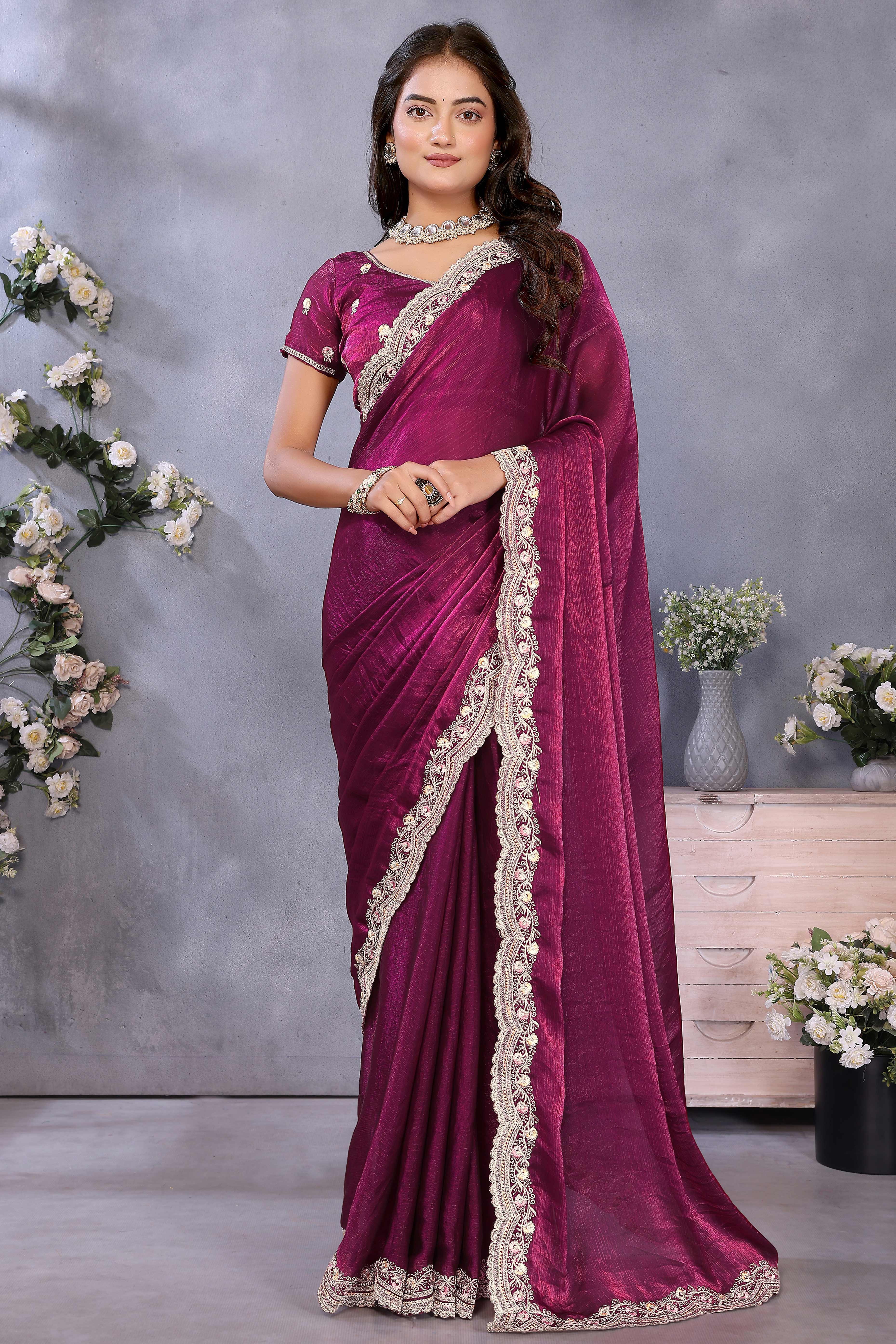 Wine Chiffon Saree with Delicate Embroidered Motifs for Special Occasions