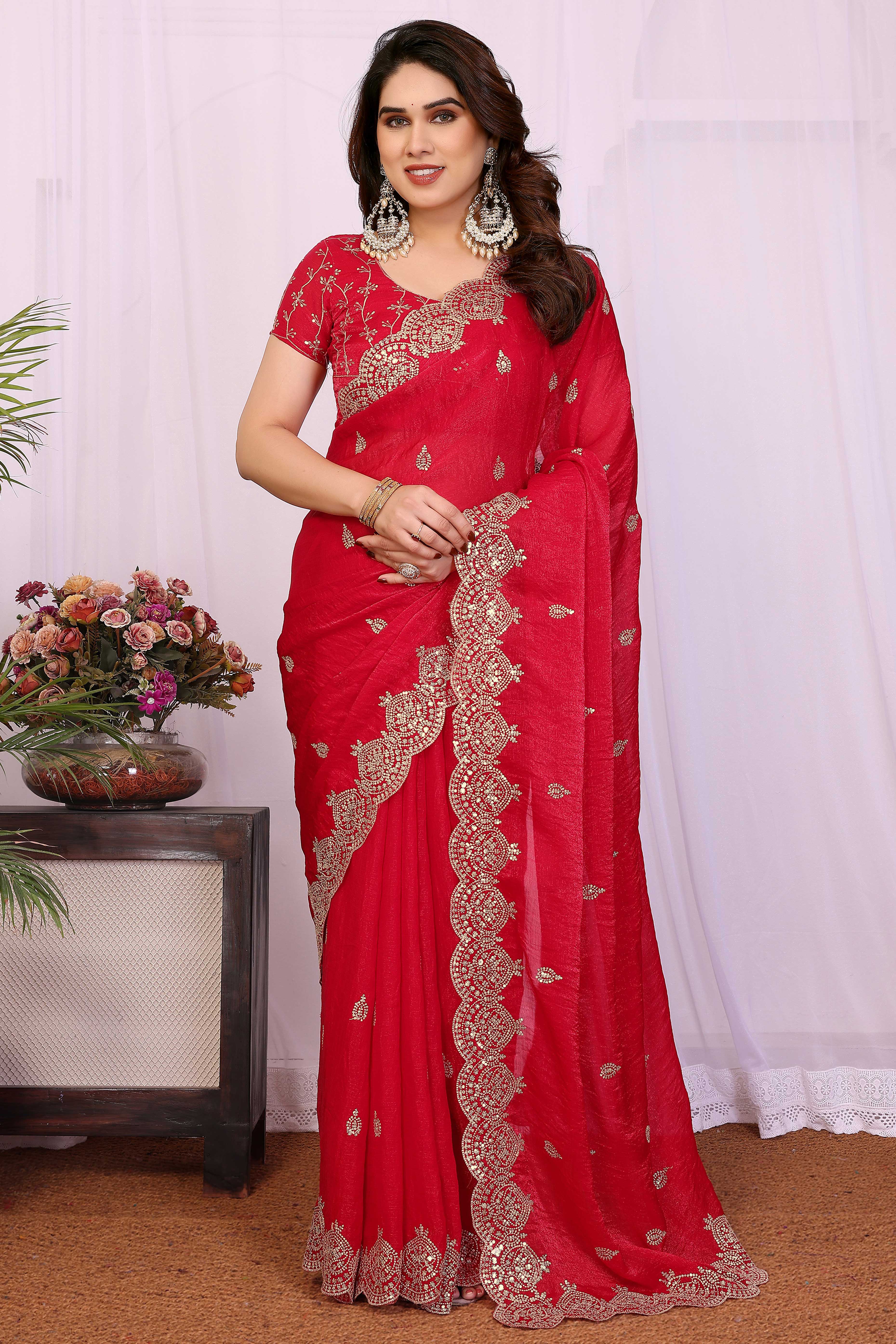Red Sequins Work Embroidered Chiffon Saree Elegant Partywear