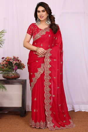 Red Sequins Work Embroidered Chiffon Saree Elegant Partywear