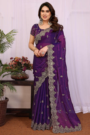 Violet Sequins Work Embroidered Chiffon Partywear Saree with Graceful Shine and Soft Texture