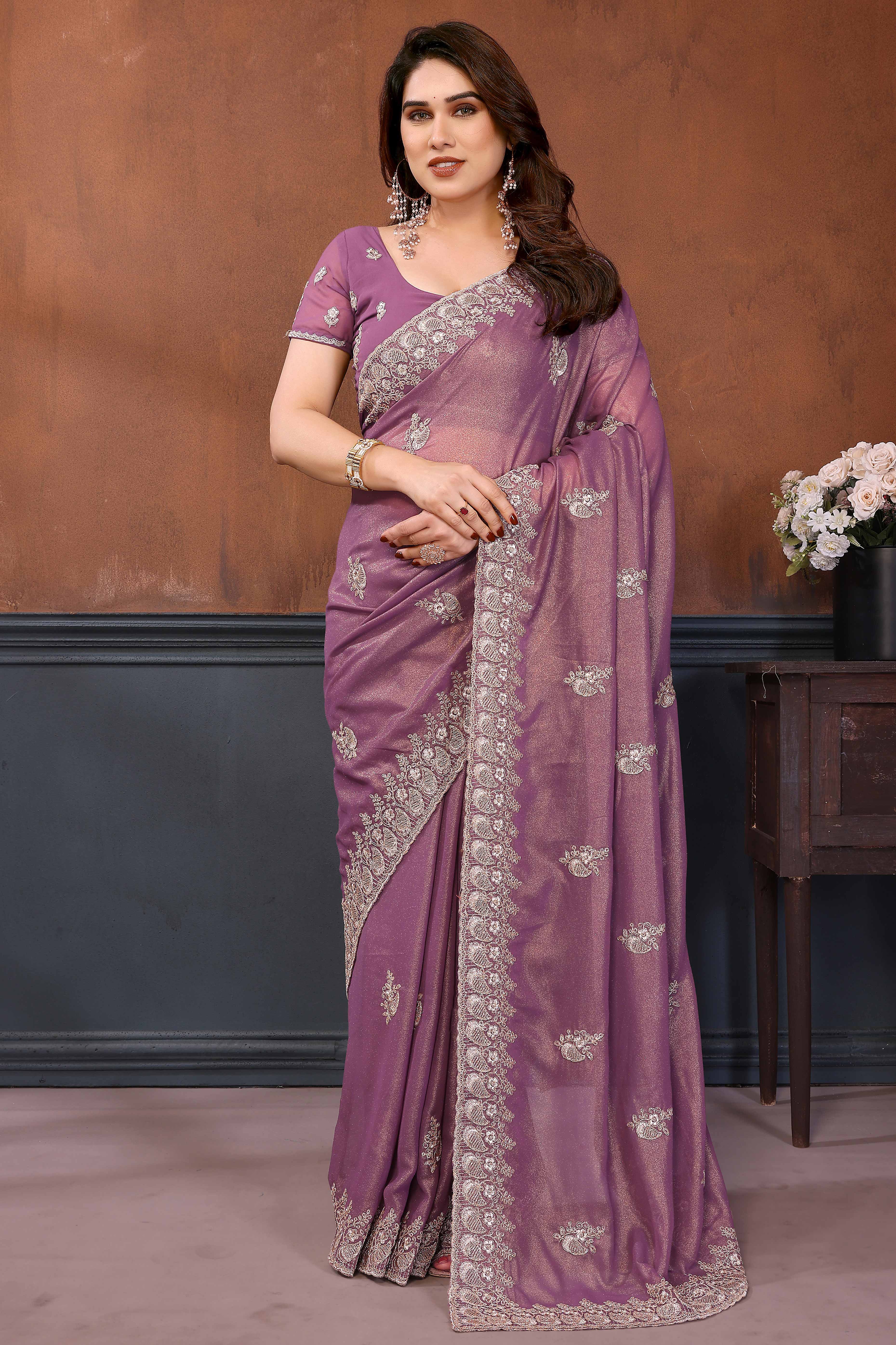 Mauve Thread Work Embroidered Georgette Partywear Saree with Intricate Detailing