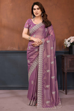 Mauve Thread Work Embroidered Georgette Partywear Saree with Intricate Detailing