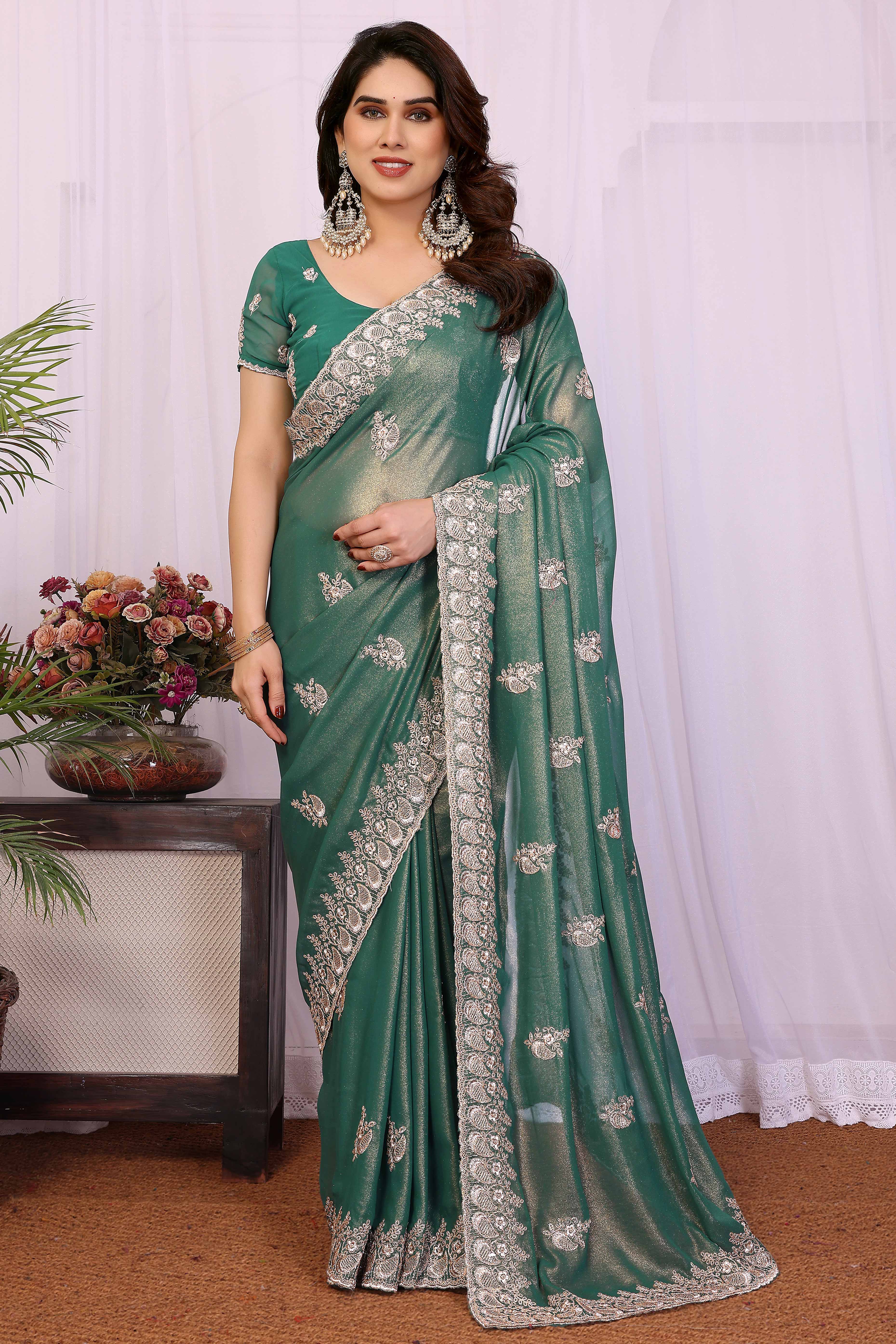 Green Thread Work Embroidered Georgette Saree Elegant Partywear with Fine Embroidery