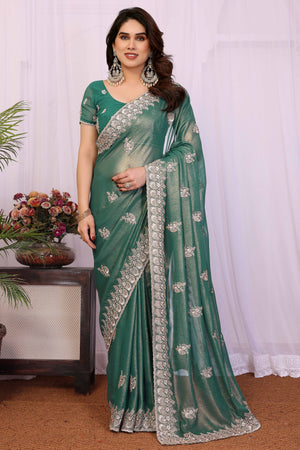 Green Thread Work Embroidered Georgette Saree Elegant Partywear with Fine Embroidery