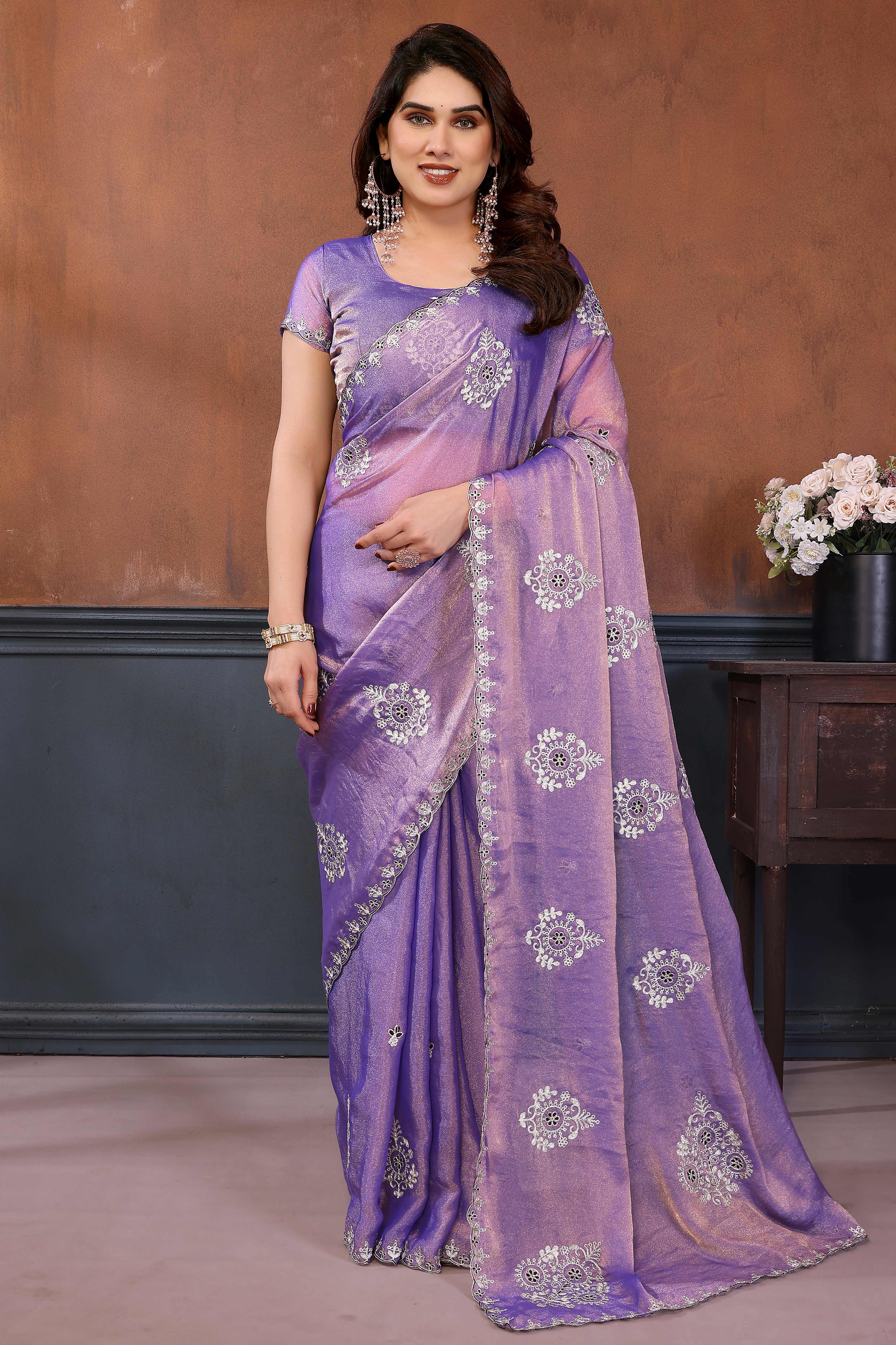 Lavender Thread Work Embroidered Chiffon Partywear Saree with Delicate Designer Look