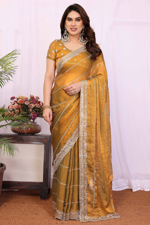 Mustard Sequins Work Embroidered Chiffon Saree Glamorous Partywear with Sparkling Detailing