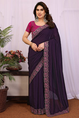 Purple Thread Work Embroidered Vichitra Silk Partywear Saree with Lustrous Finish