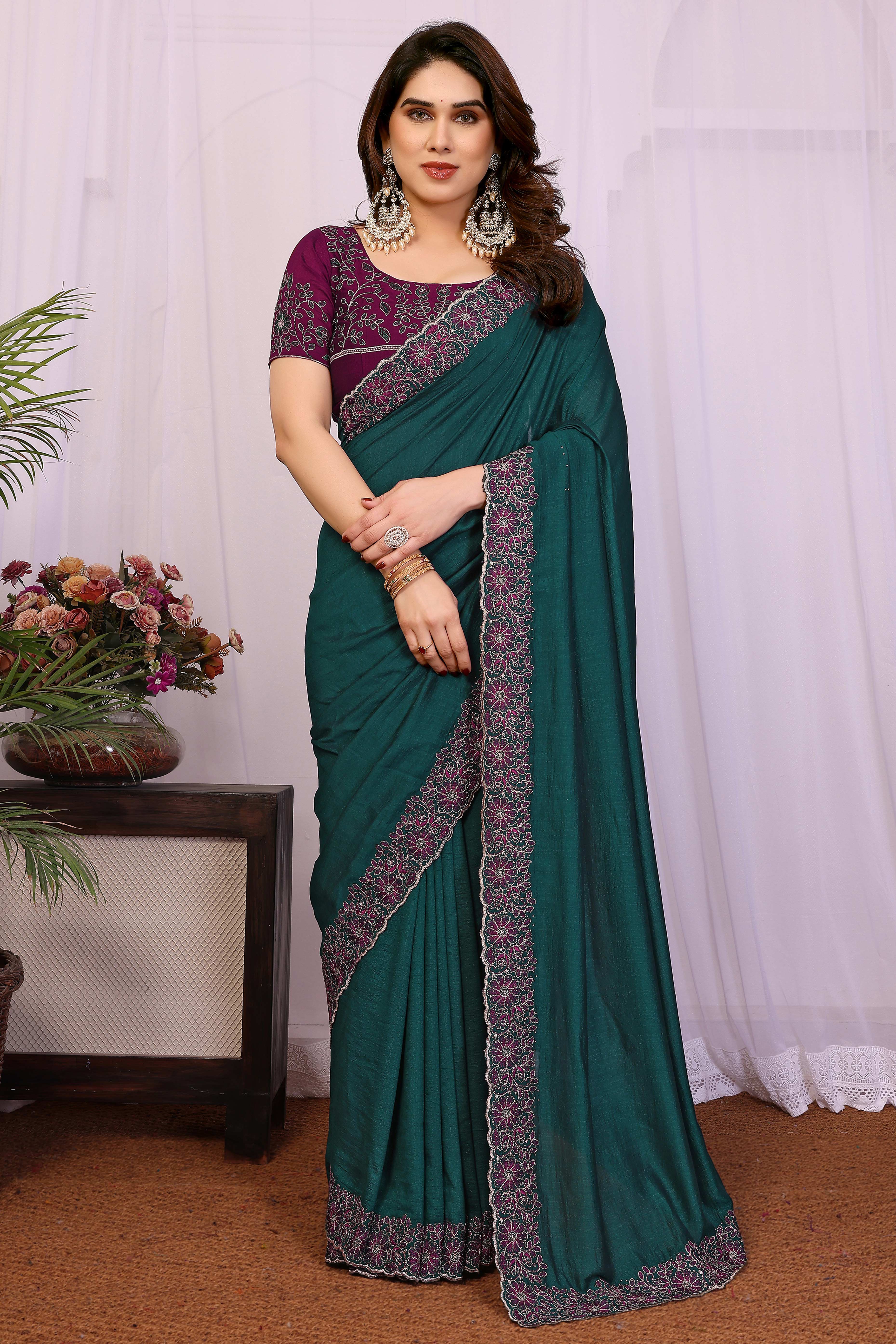 Morpich Green Thread Work Embroidered Vichitra Silk Saree Premium Partywear with Elegant Design