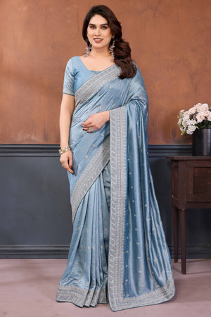 Light Blue Thread Work Embroidered Vichitra Silk Partywear Saree