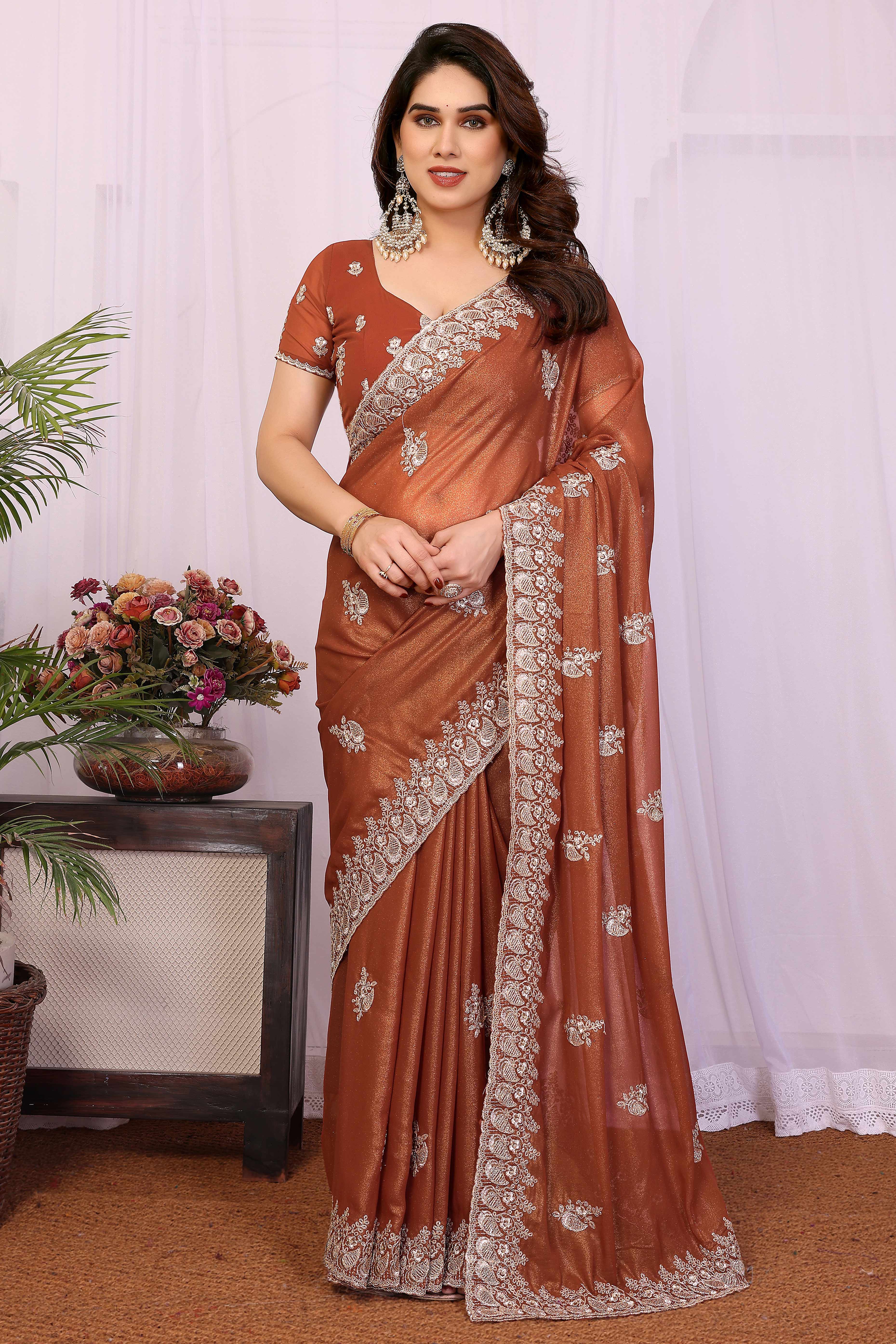 Brown Thread Work Embroidered Georgette Partywear Saree with Classic Designer Appeal