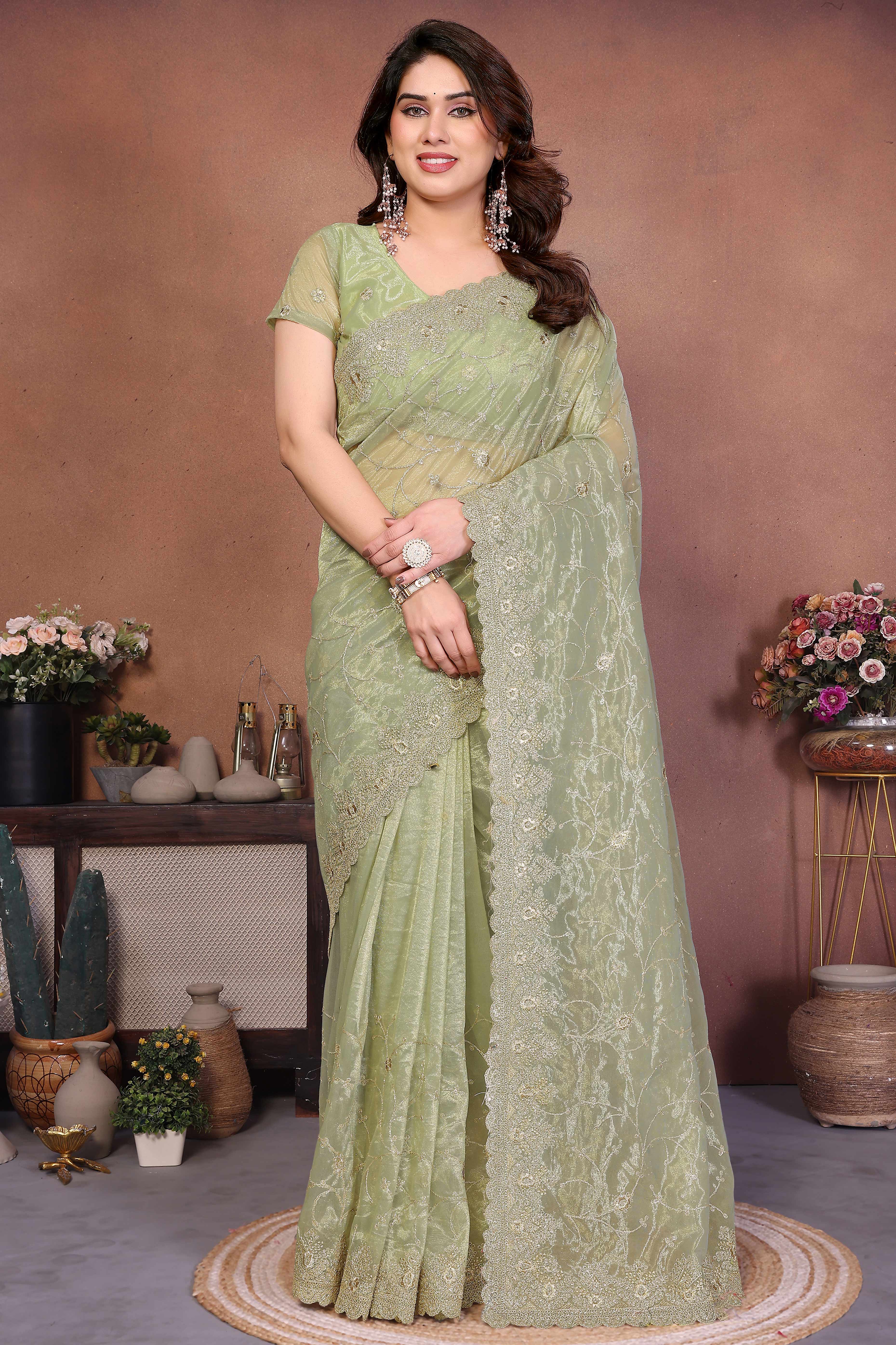Pista Green Designer Twill Net Saree Enhanced with Delicate Thread Work Embroidery