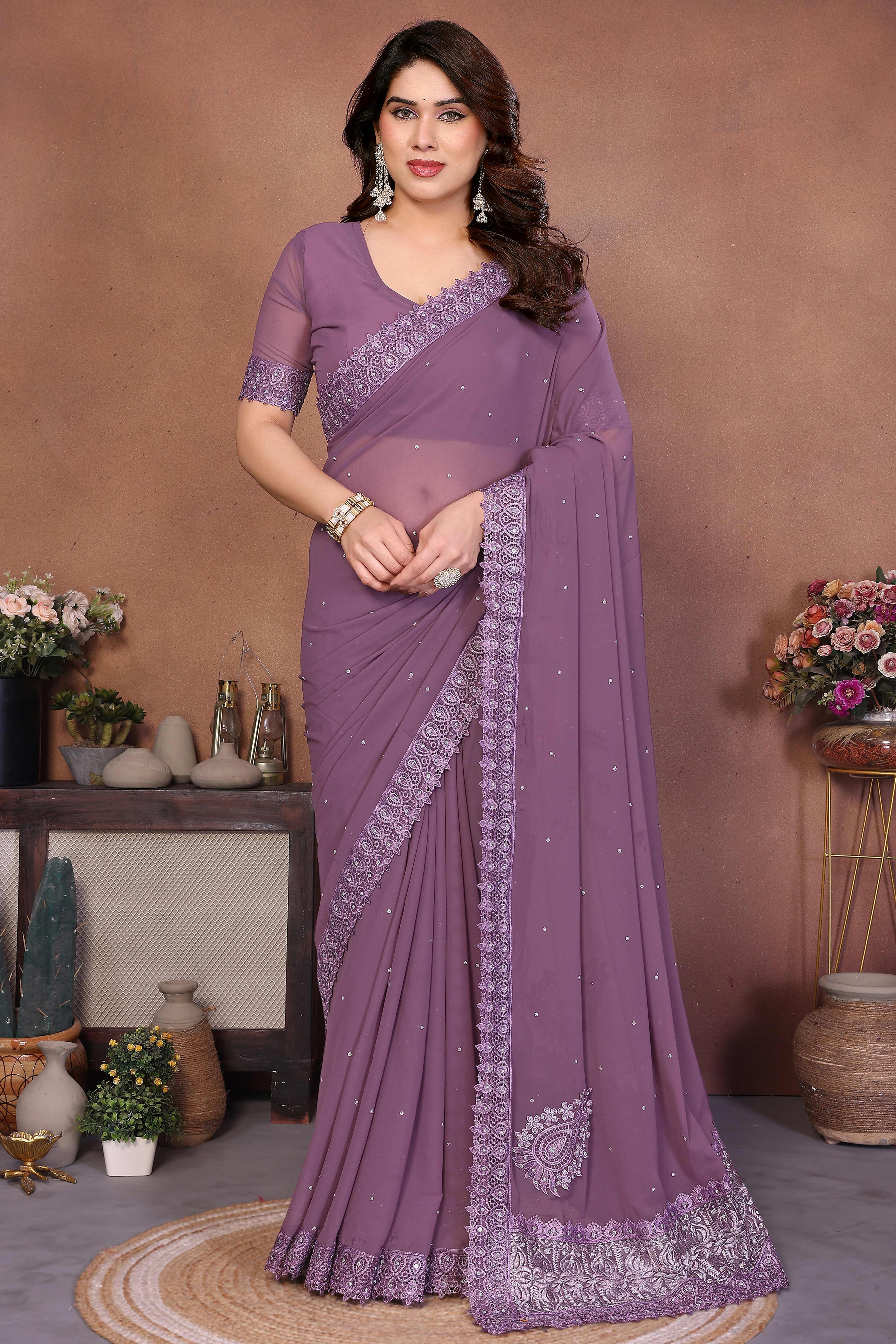 Mauve Designer Georgette Saree Enhanced with Delicate Thread Work Embroidery