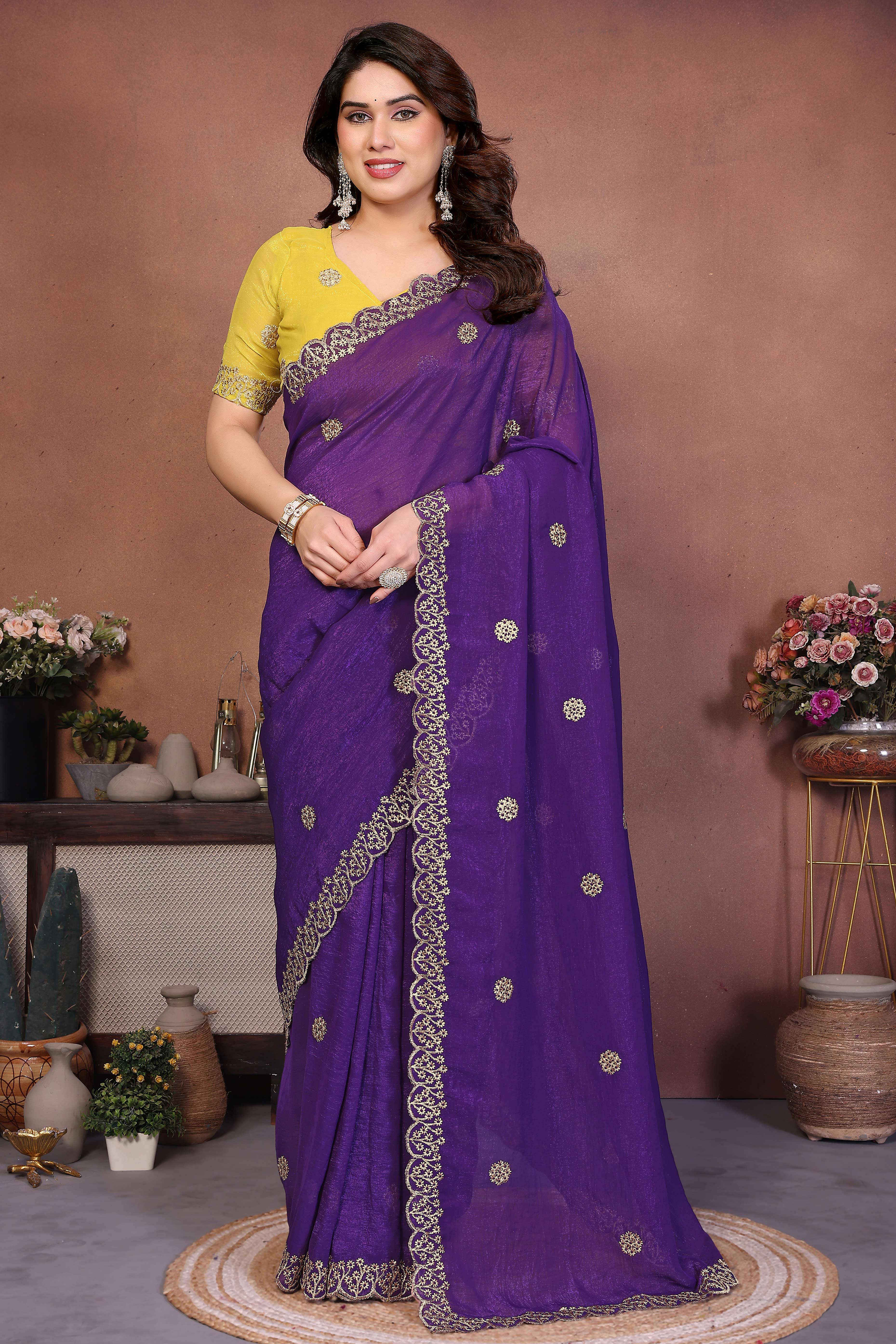 Violet Designer Crunchy Saree Enhanced with Delicate Thread Work Embroidery
