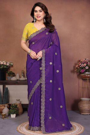 Violet Designer Crunchy Saree Enhanced with Delicate Thread Work Embroidery