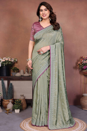 Dusty Green Designer Vichitra Silk Saree Enhanced with Delicate Thread Work Embroidery