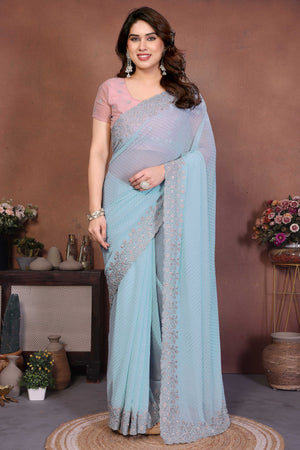 Sky Blue Designer Georgette Saree Enhanced with Delicate Thread Work Embroidery