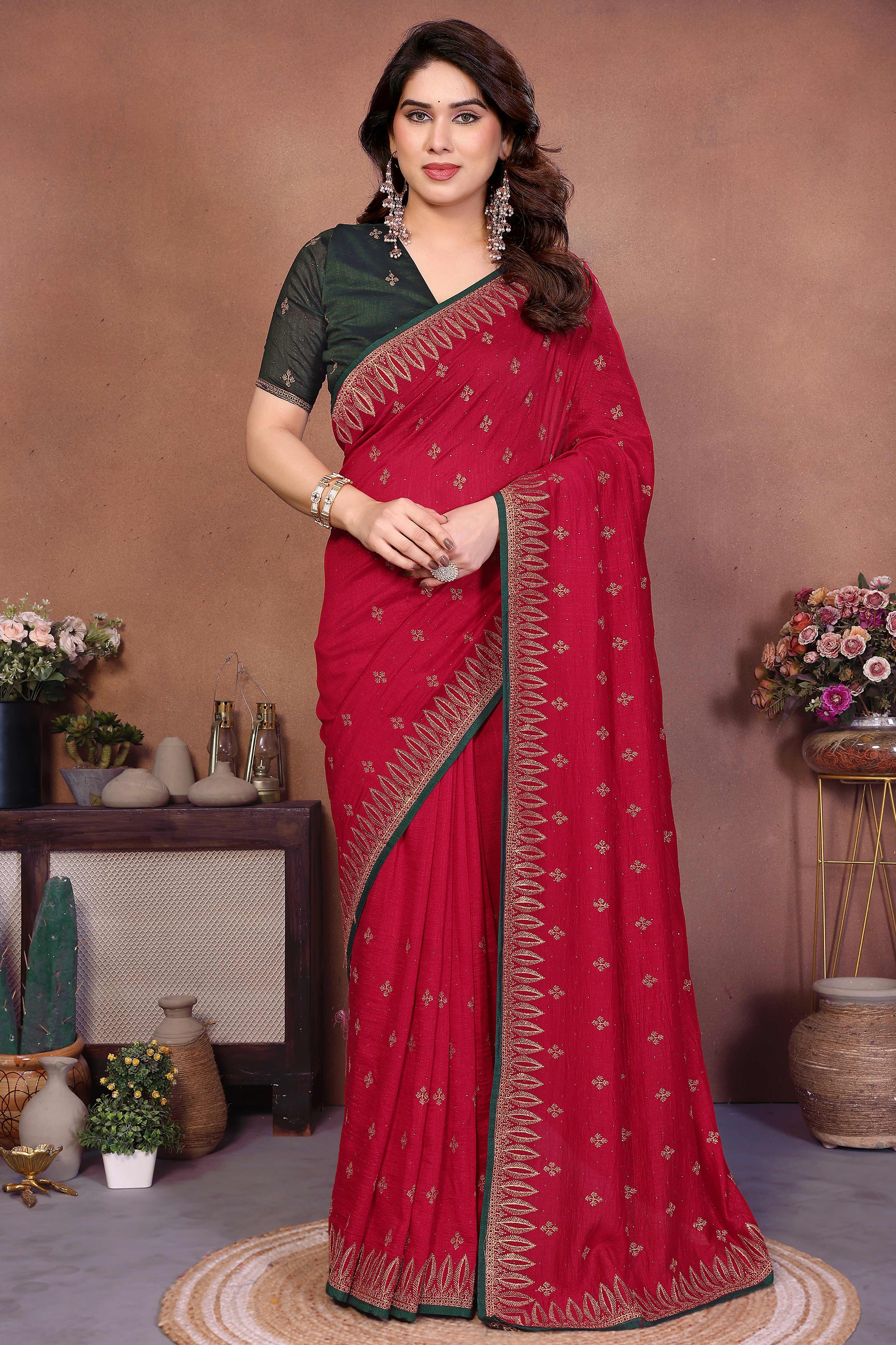 Crimson Red Designer Vichitra Silk Saree Enhanced with Delicate Thread Work Embroidery