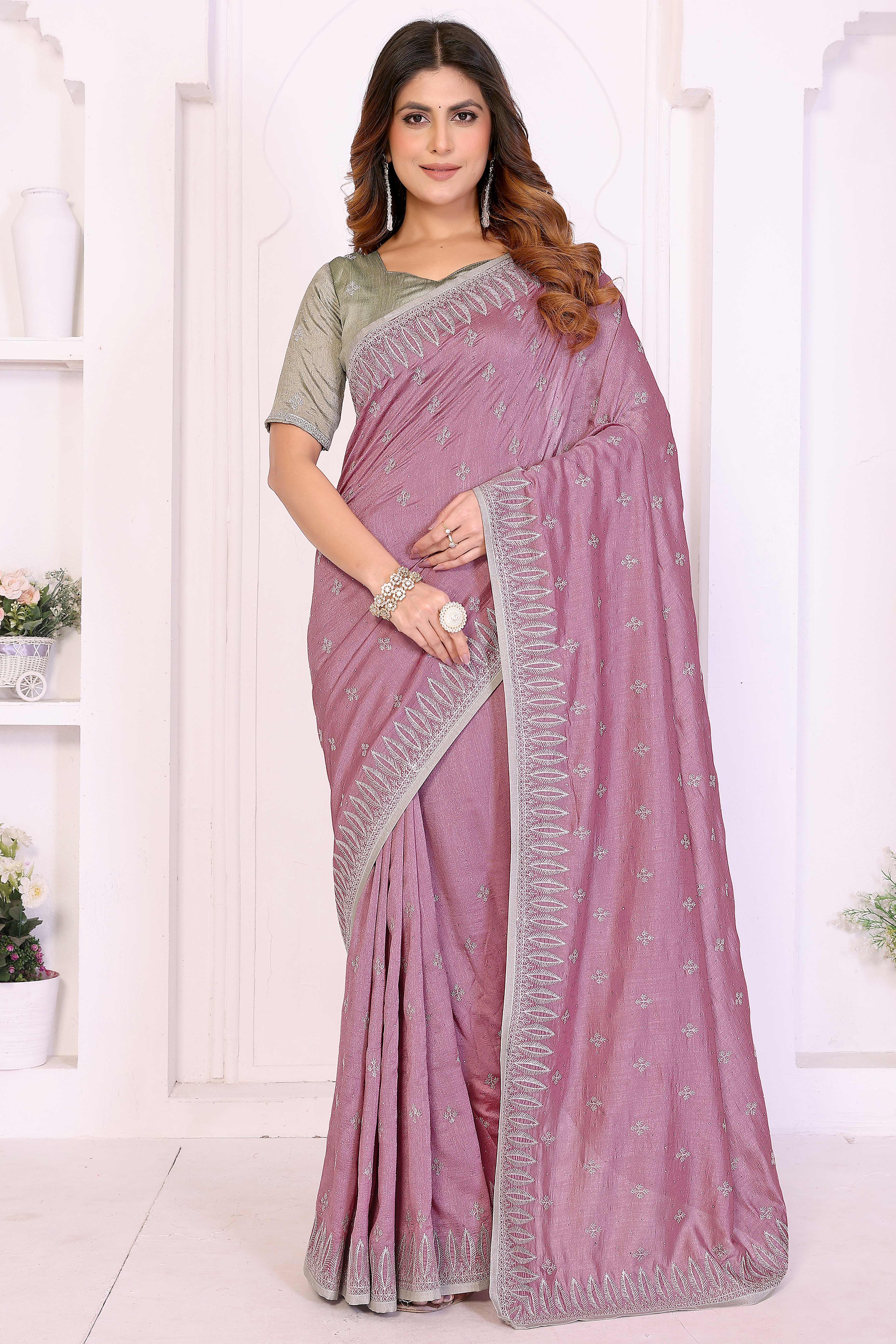 Mauve Designer Vichitra Silk Saree Enhanced with Delicate Thread Work Embroidery
