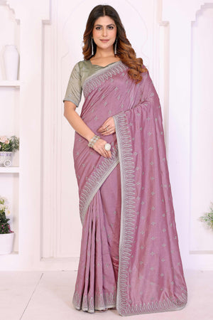 Mauve Designer Vichitra Silk Saree Enhanced with Delicate Thread Work Embroidery