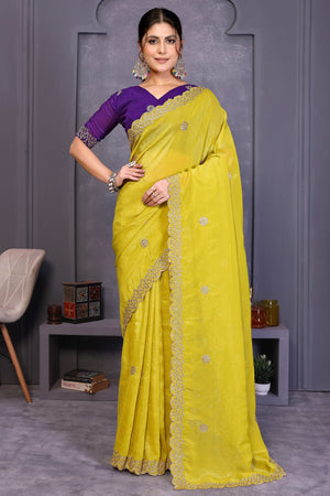 Yellow Designer Crunchy Saree Enhanced with Delicate Thread Work Embroidery