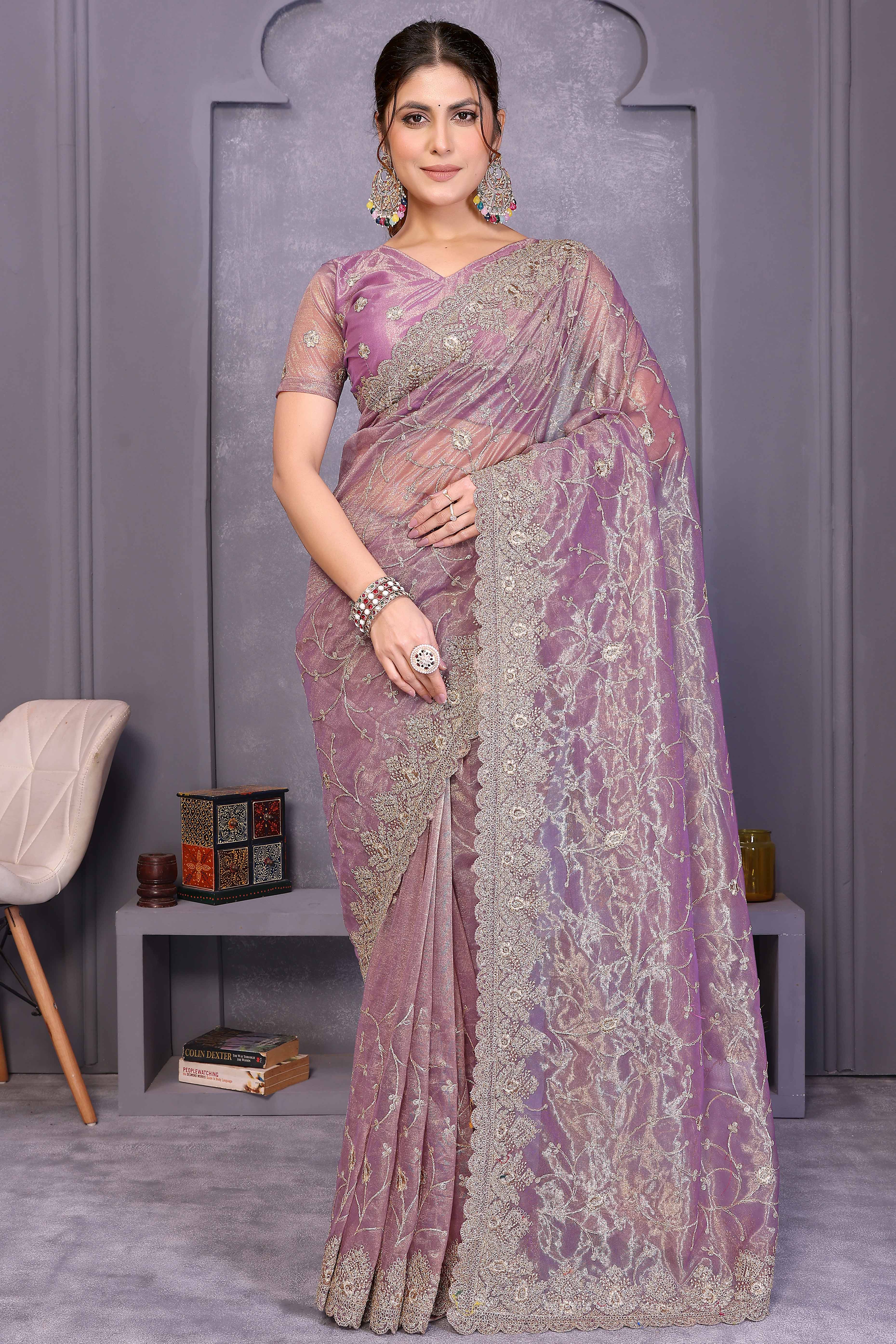 Light Purple Designer Twill Net Saree Enhanced with Delicate Thread Work Embroidery