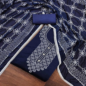 Navy Blue Floral Embroidered Chanderi Dress Material